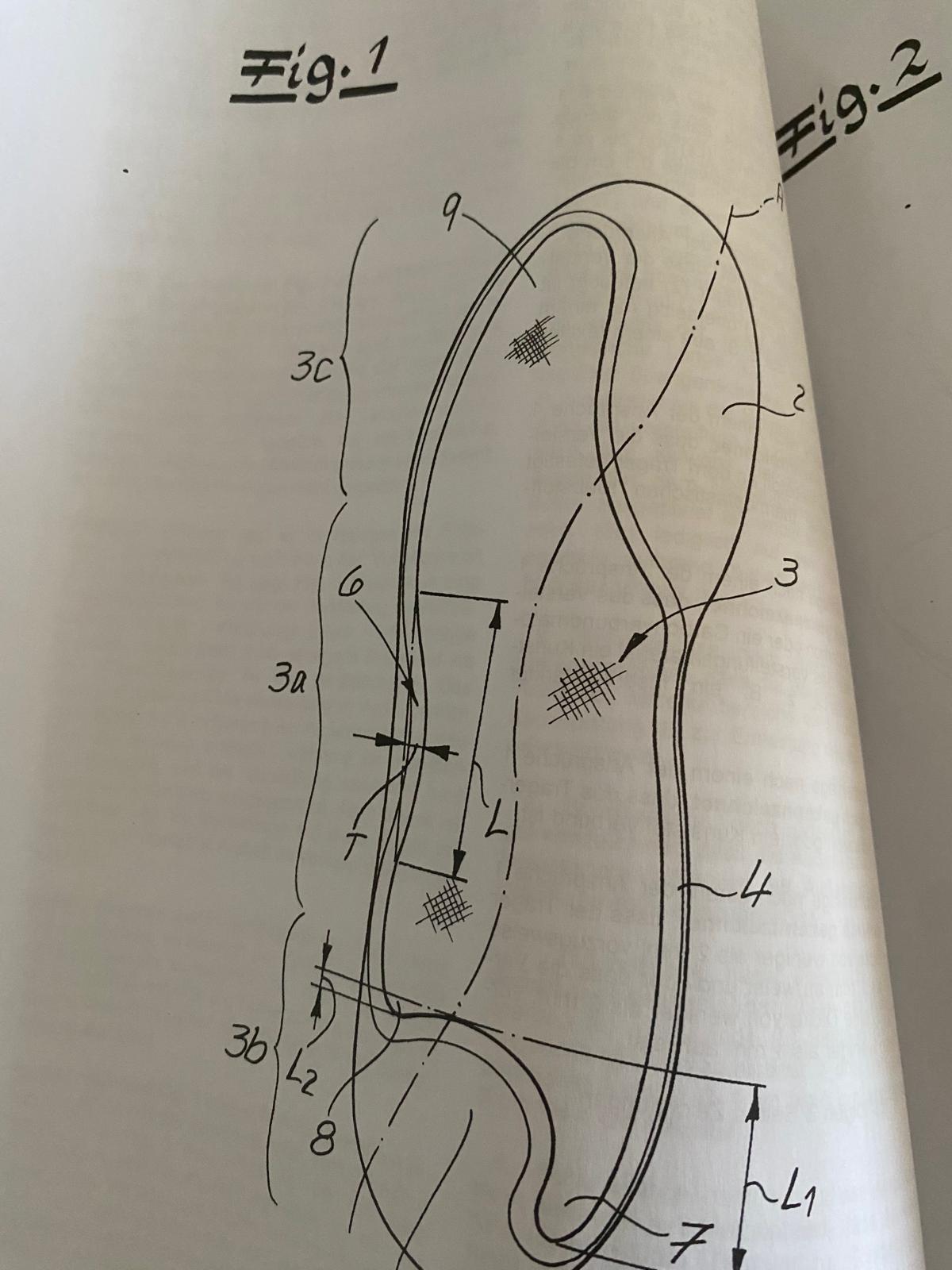 Patentzeichnung Fig. 1: Draufsicht der Winsole Schuheinlage mit Träger, Versteifung und Bezugszeichen