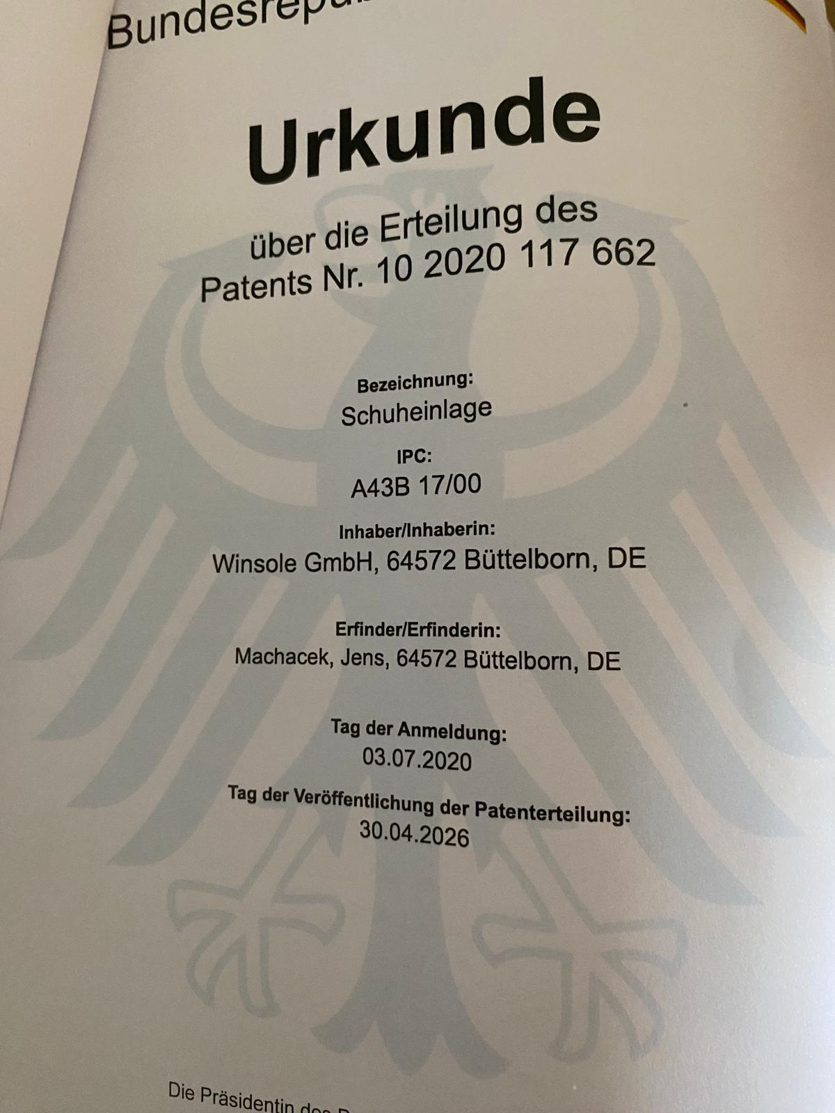 Urkunde über die Erteilung des Patents Nr. 10 2020 117 662 „Schuheinlage“ für die Winsole GmbH