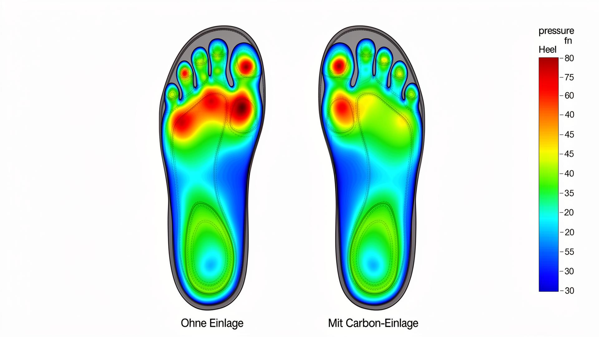 In-Shoe-Druckverteilung im Radschuh: links ohne Einlage, rechts mit orthopädischer Carbon-Einlage