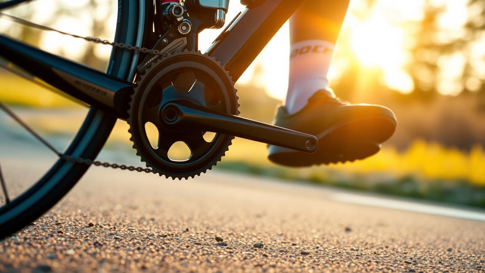 Kurbelgarnitur und Pedal eines Rennrads im warmen Gegenlicht – kürzere Kurbeln für bessere Hüft- und Kniemechanik